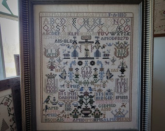 Pode incluir: Um sampler emoldurado com fundo branco e bordado preto. O sampler apresenta um alfabeto, números e uma variedade de desenhos florais e geométricos. O texto "A Niece's  Embroidered  Sampler To Her  1810" está no topo do sampler.