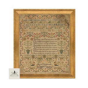 May include: An antique sampler featuring a poem about God and a floral design. The sampler is framed in a gold frame and includes the name Harriet Charlesworth and her age.