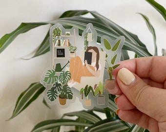 Plant Lady with her E-Reader | CLEAR Sticker