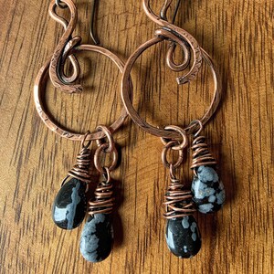 Niobium ear wire from 20 gauge wire. Hand forged copper dangle earrings with genuine Snowflake Obsidian stone