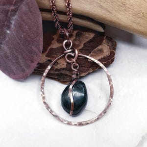Hand Made Forged Wire Jewelry, Rustic Copper Hoop with Moss Agate Gematone Pendant, Hammered Copper Earthy Bohemian Necklace, Christmas Gift