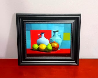 現代静物油絵、モダンで大胆なカラフルなフルーツの花瓶のオリジナル
