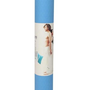 May include: A blue yoga mat with a patterned design. The mat is rolled up and has a label with a picture of a person doing yoga.