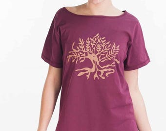 Tree of Life T Shirt - Organic Cotton, Burgundy, Loose Fit