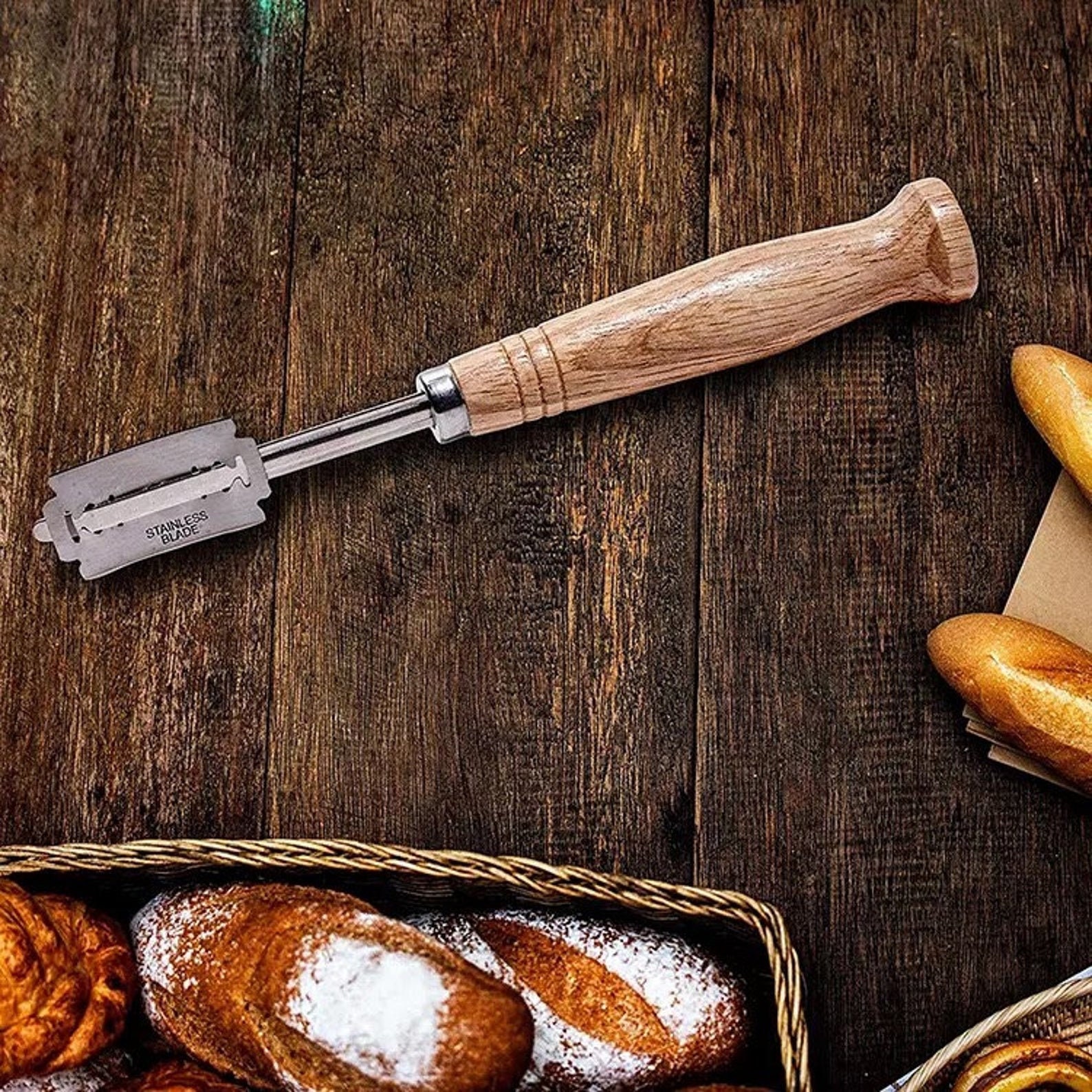 Bread Lame Cutter with Leather Bag 5 Blades Wooden French Bread Scorer  Dough Scoring Slashing Tool