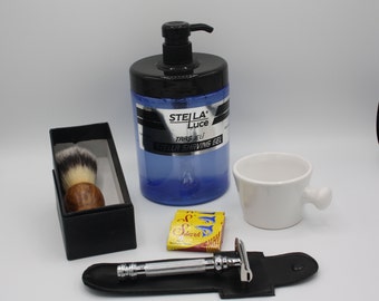 Shaving Set/Gift Set, Double Edge Razor, Brush, Porcelain Mug, Shaving Porcelain mug+25pcs Shark Stainless Double Edge Blades