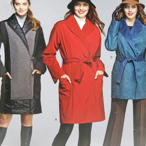 May include: Simplicity pattern 1015 H5 features three coat designs. The coats are shown in black, red, and blue. The pattern includes sizes 6, 8, 10, 12, and 14. The pattern is designed and printed in the USA.