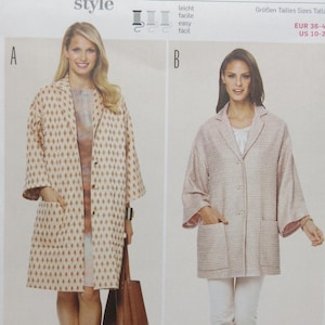 May include: A sewing pattern package from Burda Style, featuring two women modeling coat and jacket designs. The package includes the number 6802, with size information in EUR and US measurements. The text "ALL PATTERNS WITH SEAM AND HEM ALLOWANCES" is also visible.