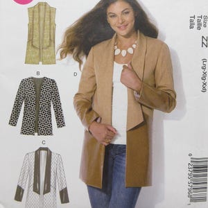 May include: McCall's sewing pattern M7332 featuring a woman wearing a tan jacket. The pattern includes illustrations of different jacket styles, with the word "EASY" in a pink circle. The pattern size is ZZ (Lrg-Xlg-XXl).