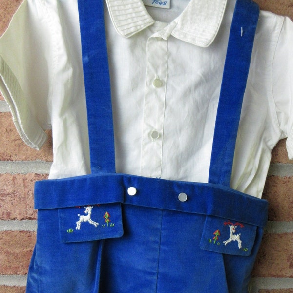 1950s Boys Velveteen Playsuit Little Fashion Togs Embroidered Pants and White Shirt New Old Stock Size 4