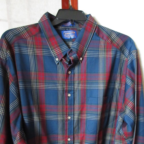 NOS Pendleton Men's 3XL Wool Shirt with Tag Sir Pendleton Plaid Blues Red and More Lightweight Wool Button Down Shirt