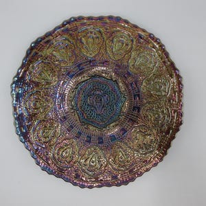 Fenton Persian Medallion Amethyst Carnival Glass Cake Plate Vintage in Gift Condition
