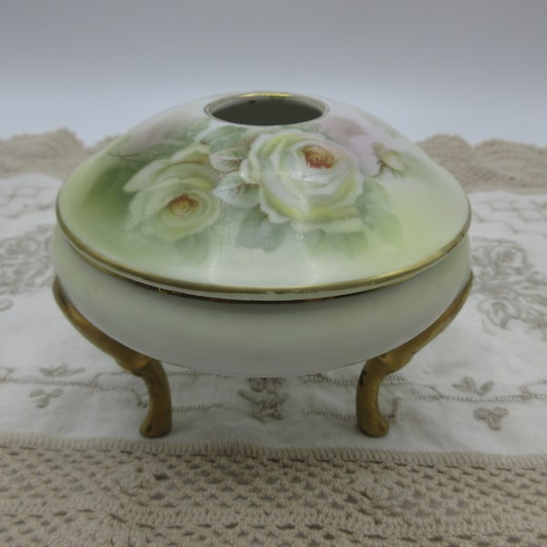 Antique Vanity Dish R S Prussia Hair Receiver Royal Rudolstadt Prussia Roses Hand Painted Gold Gilt 3-Legged Dish