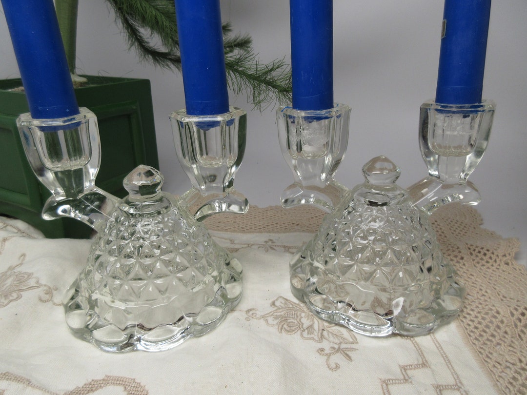 Mid Century Pressed Glass Candelabras Pair, Clear Pressed Glass