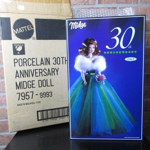 Midge Porcelain Doll Friend of Barbie NRFB Gift Condition 30th Anniversary in Shipping Box, COA, Prom Gown, White Fur and Accessories