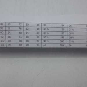 May include: A printed chart with rows and columns of numbers. The chart includes measurements, with values ranging from 10 to 104, and fractions. The chart is on a white background.