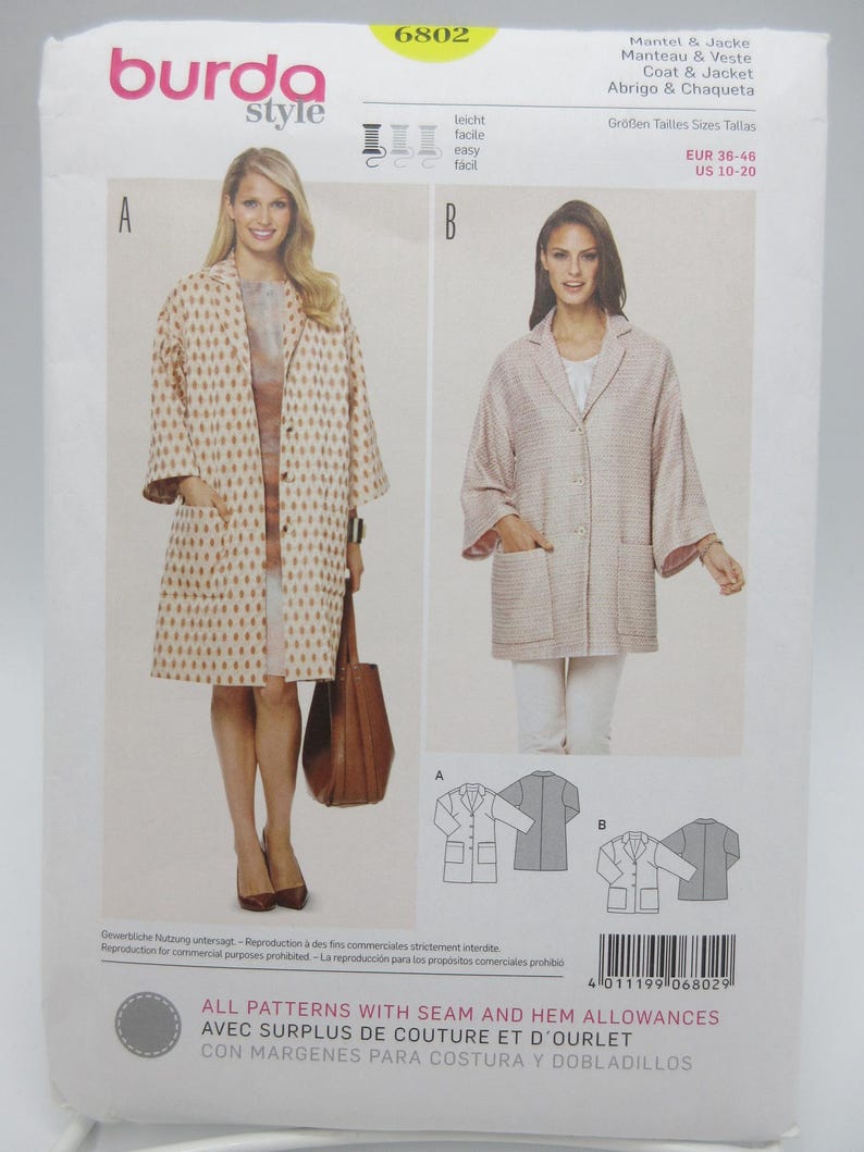 May include: A sewing pattern package from Burda Style, featuring two women modeling coat and jacket designs. The package includes the number 6802, with size information in EUR and US measurements. The text "ALL PATTERNS WITH SEAM AND HEM ALLOWANCES" is also visible.