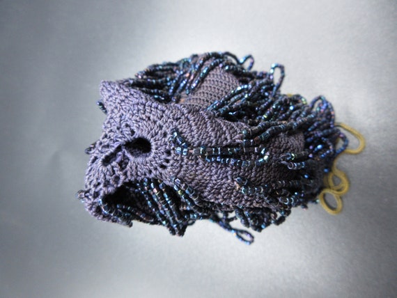 Vintage Blue Beaded Opera Reticule Crochet and Ca… - image 5