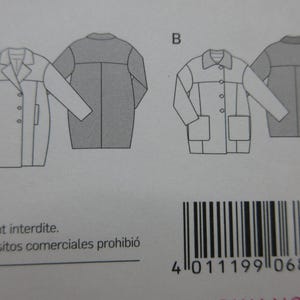 May include: Line drawings of two coat styles, labeled A and B, with front and back views. Style A has a notched collar and three buttons. Style B has a rounded collar and four buttons. A barcode is visible at the bottom.