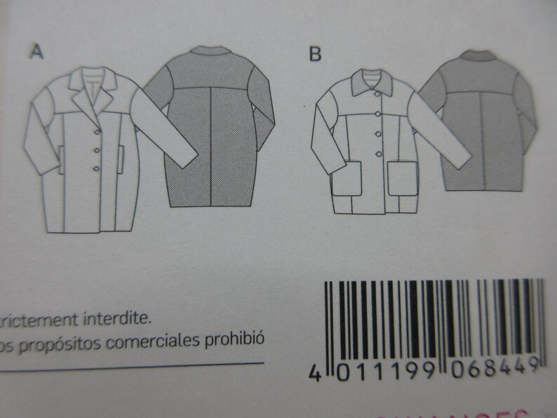 May include: Line drawings of two coat styles, labeled A and B, with front and back views. Style A has a notched collar and three buttons. Style B has a rounded collar and four buttons. A barcode is visible at the bottom.