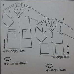 May include: Line drawing of two blazers with measurements. Blazer A is 40&frac34;"-41&frac12;" (102-105 cm) long and 50&frac34;"-58&frac34;" (129-149 cm) wide. Blazer B is 32&frac34;"-34" (83-86 cm) long and 49"-56&frac34;" (124-144 cm) wide.
