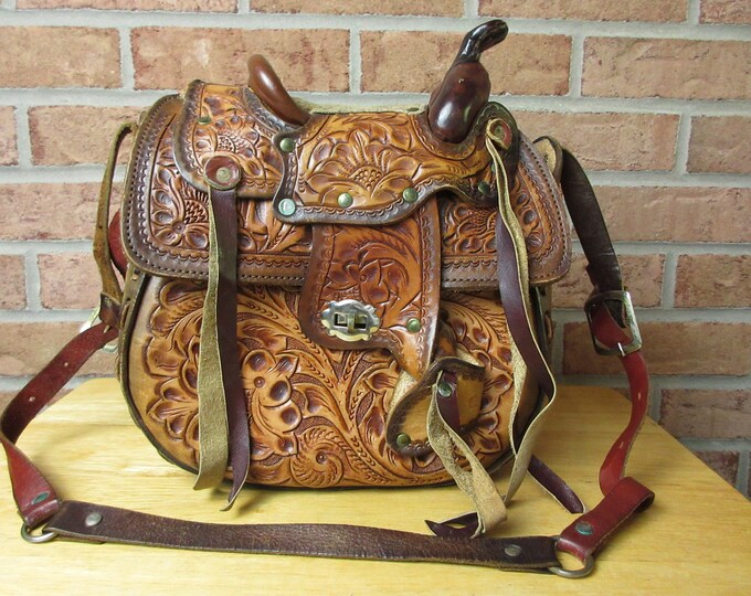 Western Saddle Purse Vintage Hand Tooled Leather Wonderful Design With
