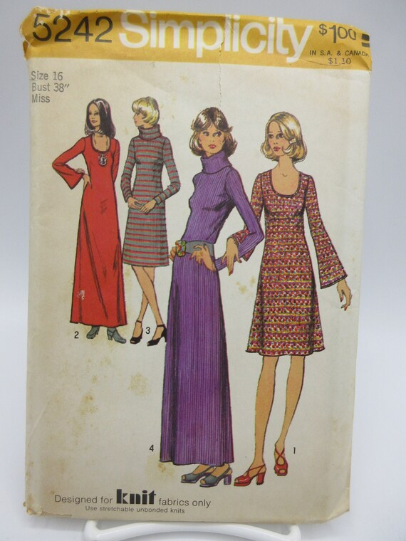 Simplicity Fall Mod Style Pullover Dress for Variety of Knits Close Fit 16  Bust 38 Inches 1970s Factory Folded Dress 5242 in 2 Lengths - Etsy