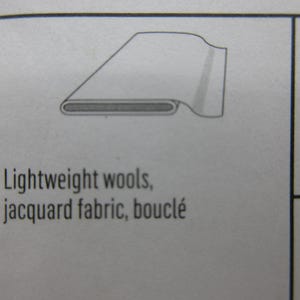 May include: Diagram of a fabric cross-section, showing a rolled edge and a layered construction. The text below reads: Lightweight wools, jacquard fabric, boucl&eacute;.