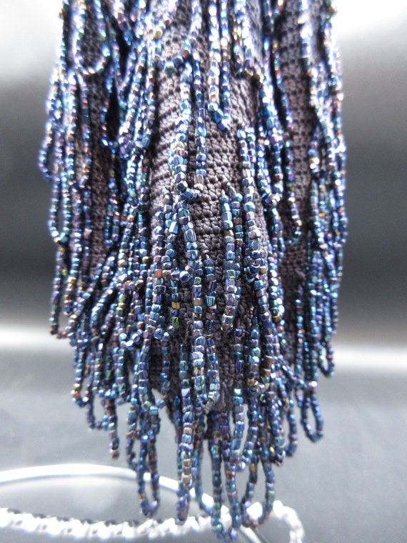 Vintage Blue Beaded Opera Reticule Crochet and Ca… - image 4