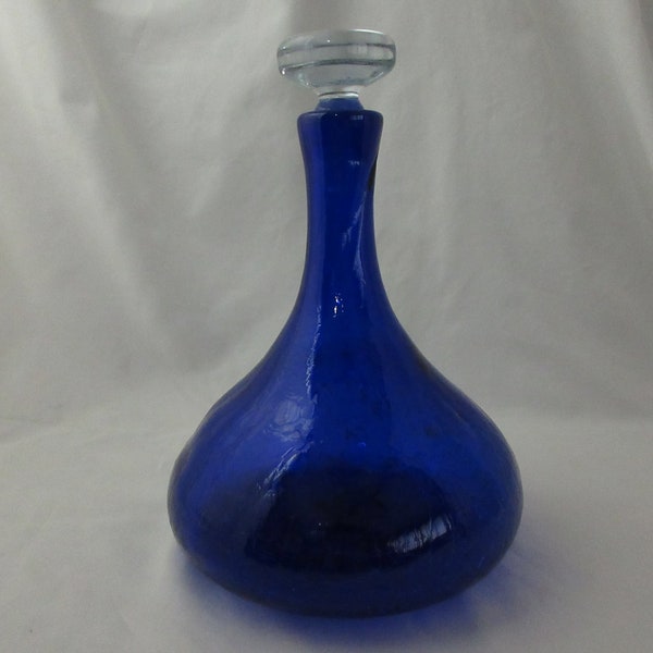 Blenko Decanter 6516 Sapphire Ship's Decanter with Clear Flat Stopper 1979-83
