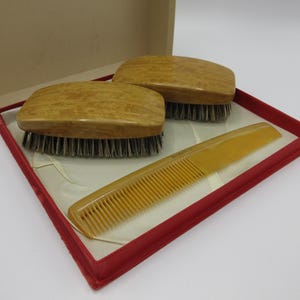 NOS Boxed Set of Men&#39;s 2 Horsehair Brushes and Comb in Original Box by Prophylactic Brand circa 1940s-50s