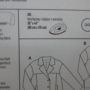 May include: Diagram of a sewing pattern with text indicating fabric types, including wool and fake fur. Measurements for interfacing are listed as 36" x 44" (90 cm x 110 cm). Includes illustrations of a jacket and buttons.
