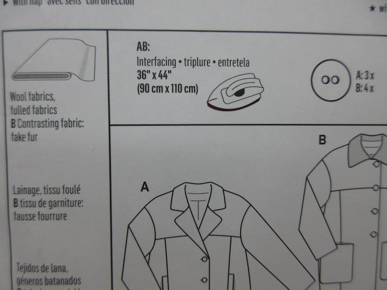 May include: Diagram of a sewing pattern with text indicating fabric types, including wool and fake fur. Measurements for interfacing are listed as 36" x 44" (90 cm x 110 cm). Includes illustrations of a jacket and buttons.
