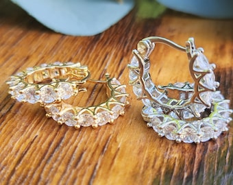 Crystal Hoop Earrings// Silver or Gold CZ Hoops// Rhinestone Bling European Inspired Jewelry