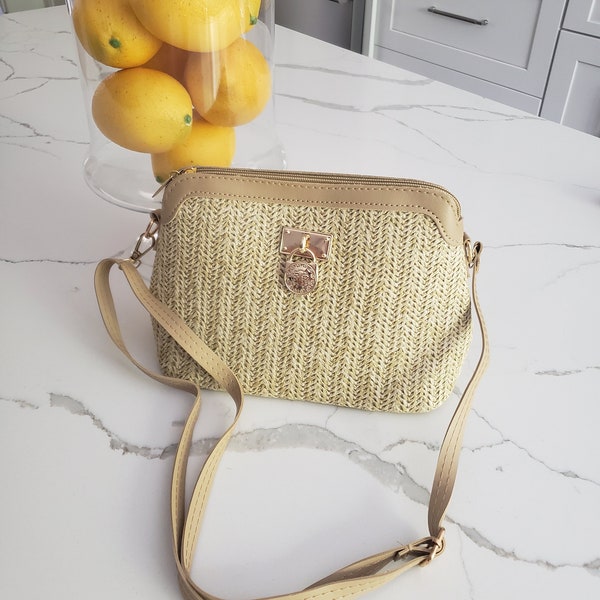 Crossbody Purse//Summer Sands Beach Crossbody Wicker Purse with Vegan Leather Detail and Gold Accents// Woven Wicker Crossbody Bag//