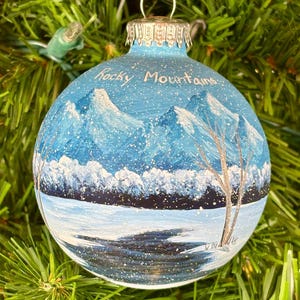 Hand Painted Rocky Mountains Ornament, Winter Landscape Glass Ball