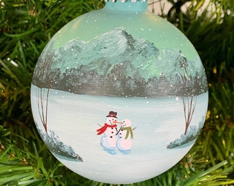 Two Snowmen Ornament, Two Snowmen in front of Mountains Snowy Winter Landscape hand painted Glass Christmas Ornament, NO GLITTER