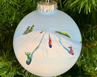 Sledding Ornament, Four Kids Sledding Down Snowy Winter Landscape, Hand Painted Glass Christmas Ornament, NO GLITTER