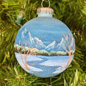 Hand Painted Rocky Mountains Ornament: Winter Landscape Glass Ball