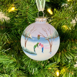 Couples Christmas Ornament Personalized Mistletoe Kiss Santa Couple Glass Ornament Event - Christmas