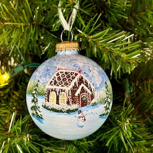 Gingerbread House Ornament, Hand Painted Glass Christmas Ornament of Gingerbread Home with Candy Canes, Gumdrops, Icing, & Snowman