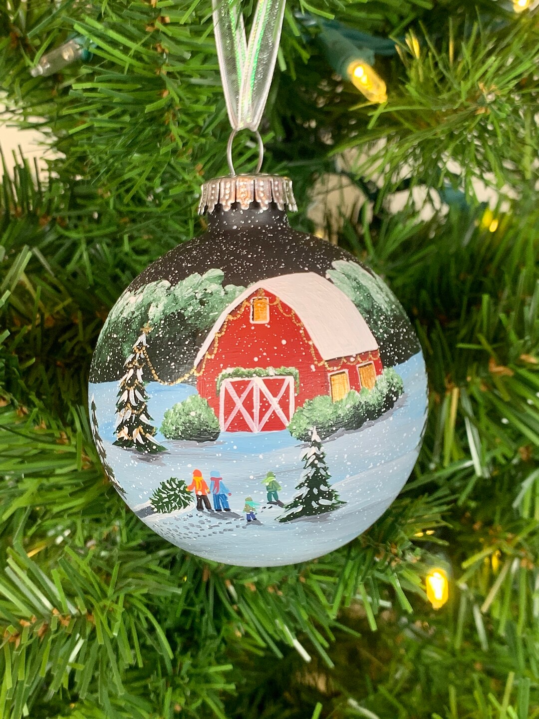 Christmas Tree Farm Ornament, Hand Painted Glass Christmas Ball of Family of Four Dragging Tree