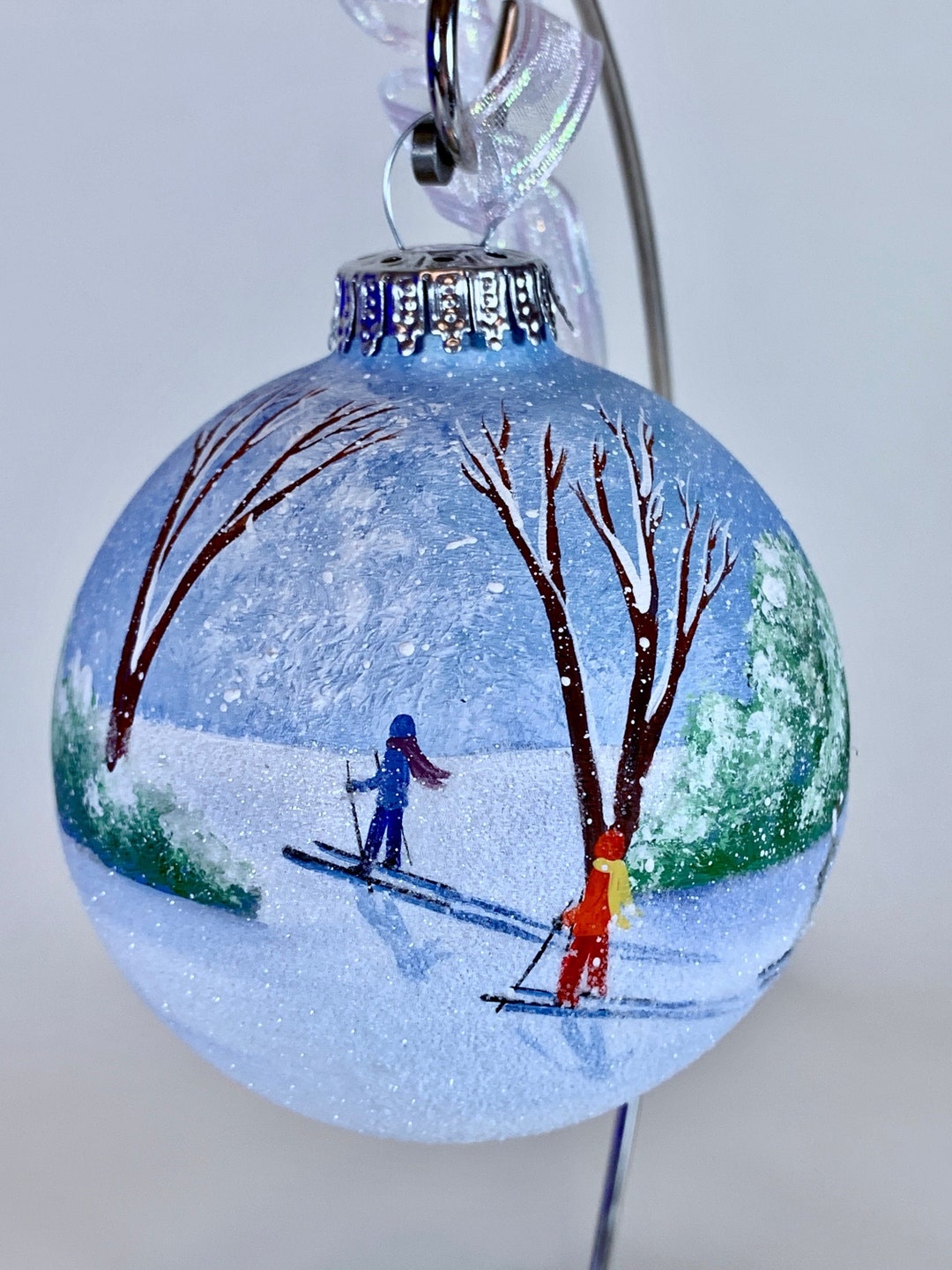 CROSS COUNTRY SKIING Ornament, Hand Painted Glass Christmas Ball W