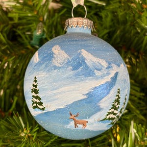 Hand Painted Glass Christmas Ornament, Deer, Mountains, Winter Scene