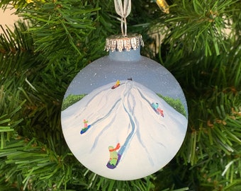 Sledding Ornament, Hand Painted Glass Christmas Ornament of Kids on Sleds in Snowing Winter Landscape, NO GLITTER