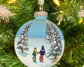 Three People Ornament, Three People with Sled in Snowing Winter Landscape Hand Painted Glass Christmas ornament, NO GLITTER