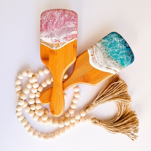 Organic Bamboo Paddle Brush, Square Wooden Hair Brush, Detangling Hair Brush, Ocean Resin Art Gifts For Her, Eco Friendly Beach Lover Gift