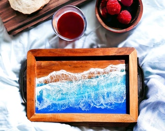 Ocean Wood Serving Tray With Handles, Beach Cheese Board Tray, Mothers Day Gift, Fathers Day Gift For Him, Anniversary Gift For The Couple