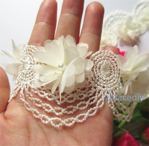 1 Yard Apricot Diamond Flower Pearl Lace Edge Trim Ribbon Applique Sewing Craft