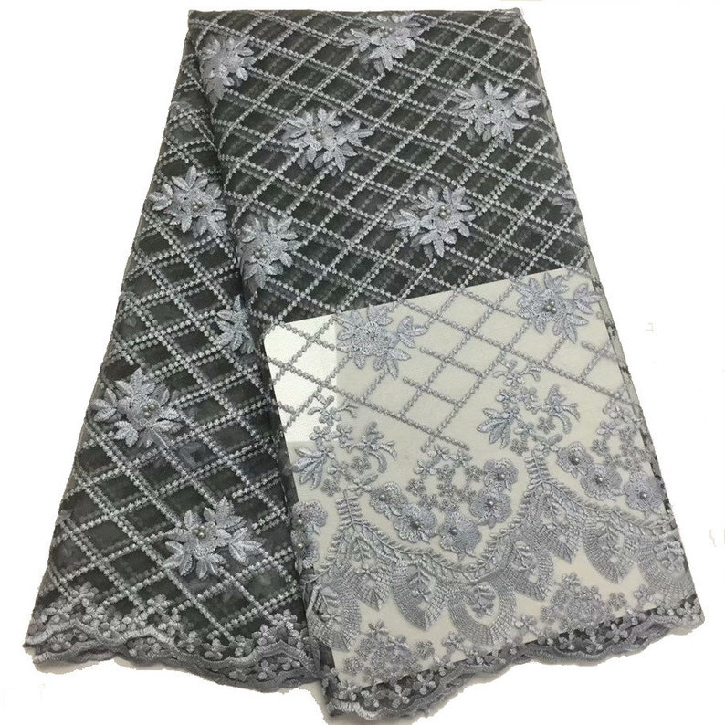Grey French Laces Fabrics High Quality Tulle African beads Lace Fabric For Wedding Nigerian Tulle Lace Material